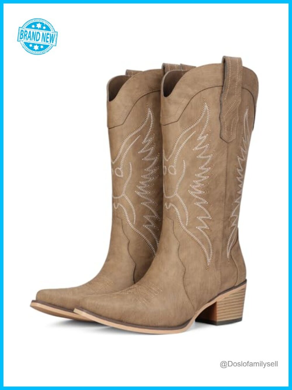 Women's Western Cowboy Boots Faux Leather Snip Toe Mid Calf Chunky Heel